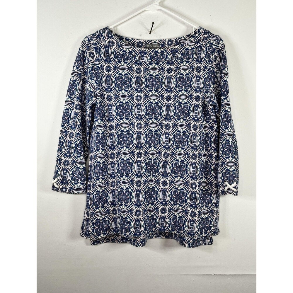 T By Talbots Shirt Womens Petite Small SP Blue Tile Boat Neck 3/4 Sleeve Tunic